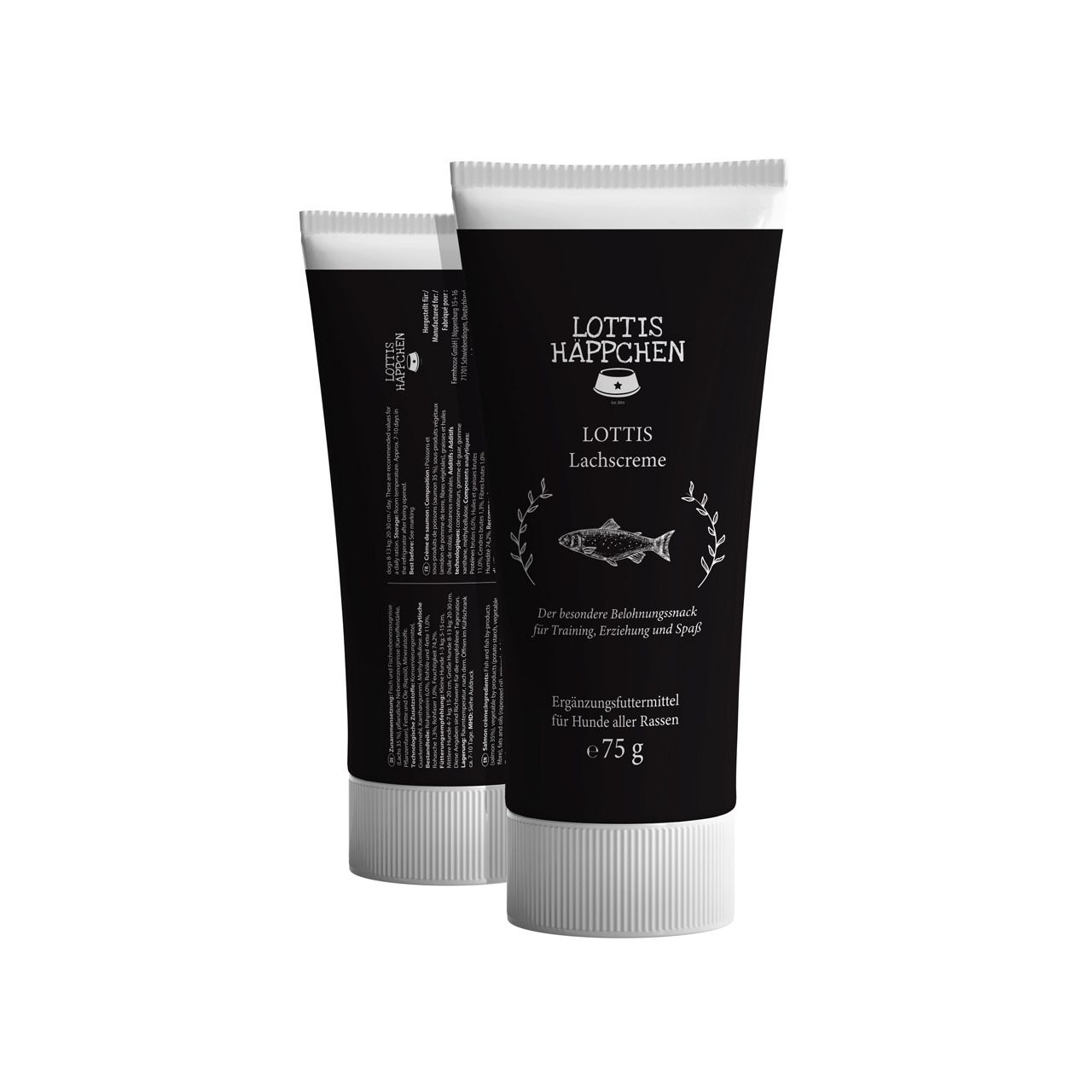 Lottis Häppchen Lachscreme, Ergänzungsfutter f. Hunde, Lachs-Geschmack, 75 g, ideal als Belohnungssnack f. Training & Erziehung.