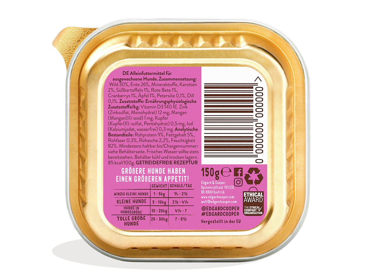 Edgard & Cooper Hundefutter, Wild & Ente, getreidefrei, 150 g, für kleine bis große Hunde, natürliche Zutaten, nachhaltig.