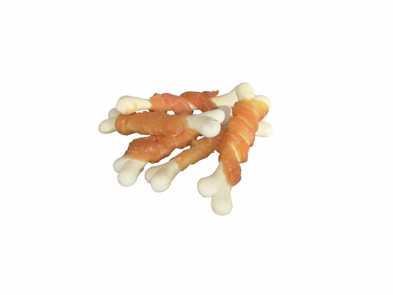 Auf dem Bild sind mehrere Kauknochen der Marke StarSnack zu sehen, die speziell für Hunde entwickelt wurden. Die Knochen sind mit getrocknetem Hähnchenfleisch umwickelt, was sie besonders schmackhaft macht. Sie eignen sich ideal als Belohnung oder Snack f