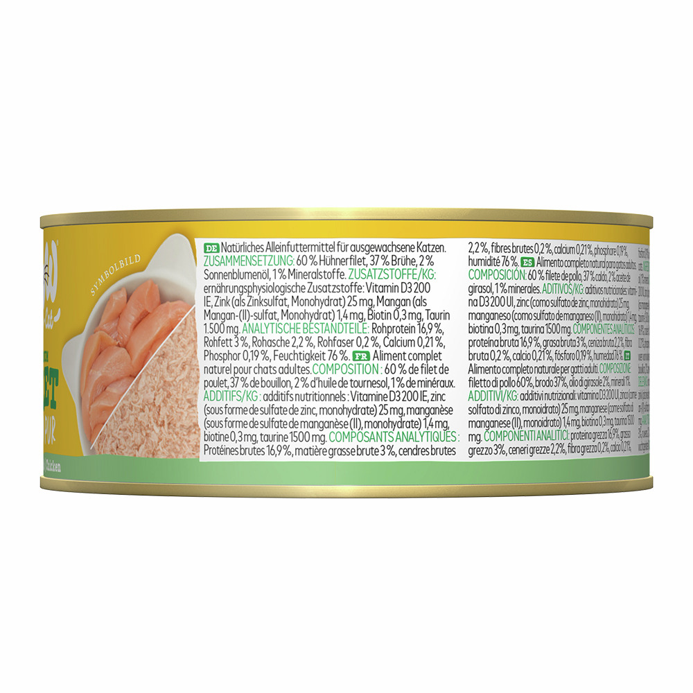 WOW CAT Katzenfutter Huhn, Alleinfutter für erw. Katzen, 85 g, 60 % Hühnerfilet, natürliche Zusammensetzung, gelb-grüne Verpackung.