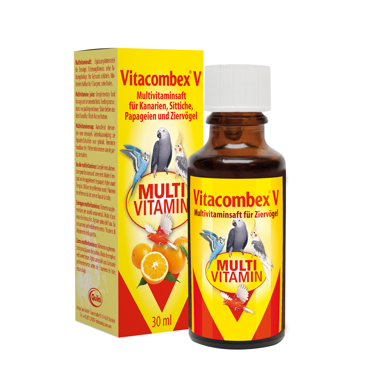 Das Bild zeigt das Produkt "Vitacombex V" der Marke Quiko, einen Multivitaminsaft für Ziervögel wie Kanarien, Sittiche, Papageien und andere. Die Verpackung und die 30-ml-Flasche sind abgebildet. Der Saft unterstützt die Gesundheit und Vitalität der Vögel