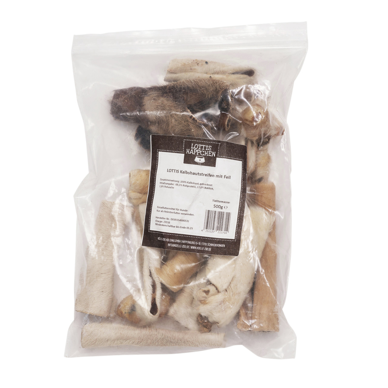 LOTTIS HÄPPCHEN Kalbshautstreifen m. Fell, natürl. Kausnack f. Hunde, artgerechte Beschäftigung & Zahnpflege, 500 g.