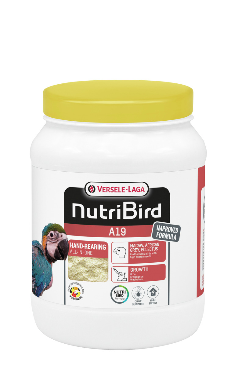 Das Bild zeigt eine weiße Kunststoffdose mit gelbem Deckel der Marke Versele-Laga. Es handelt sich um das Produkt "NutriBird A19", ein Handaufzuchtfutter für Papageien wie Aras, Graupapageien und Edelpapageien. Die Verpackung betont die Wachstumsförderung