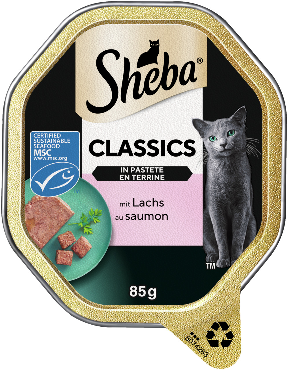 Sheba Classics in Pastete mit Lachs, für Katzen, 85 g, MSC-zertifiziert, nachhaltige Fischerei, eleganter Katzendruck.