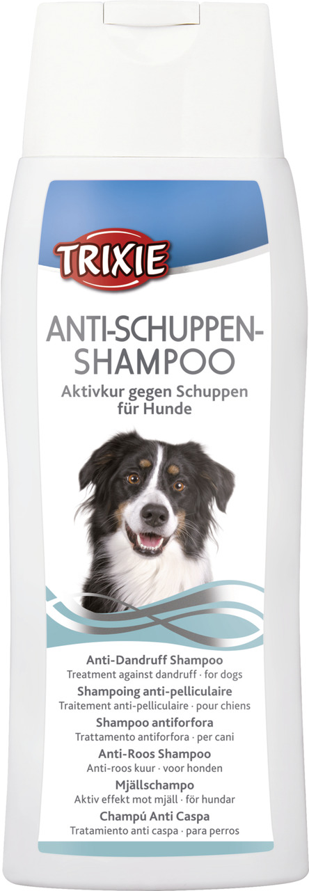 TRIXIE Anti-Schuppen-Shampoo, 250 ml, für Hunde, Aktivkur gegen Schuppen, speziell entwickelt, mit Hundebild auf der Flasche.