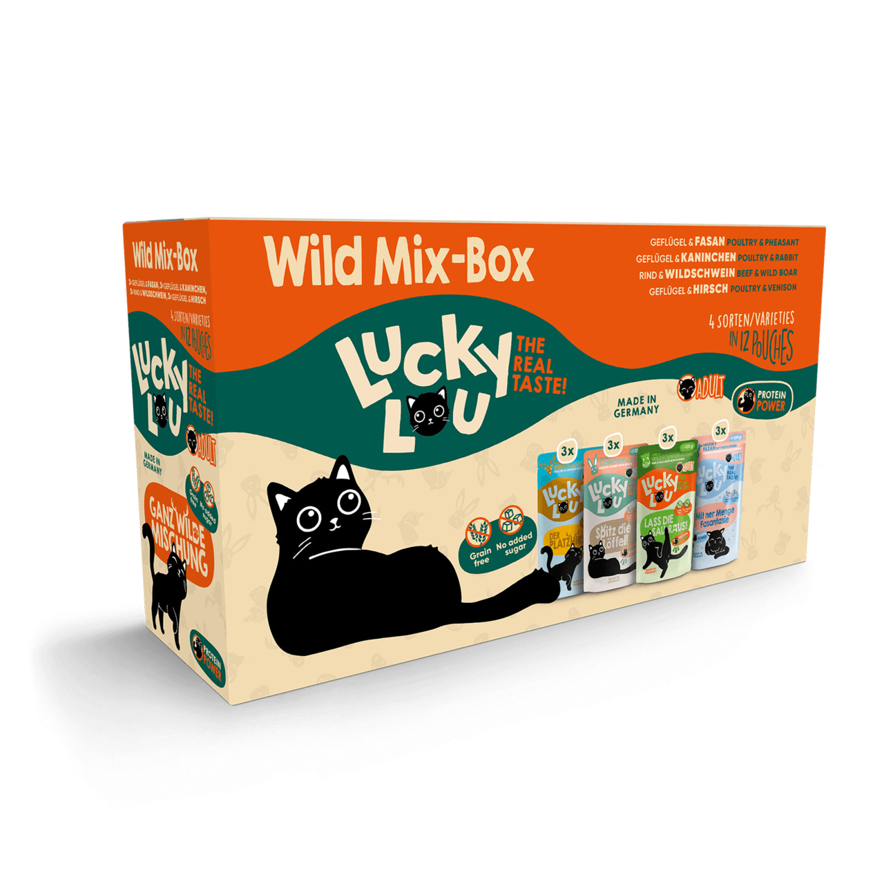 Lucky Lou Wild Mix-Box: Katzenfutter f. erw. Katzen, 12 Beutel, 4 Sorten (Geflügel-Fasan, Kaninchen, Rind-Wildschwein, Hirsch), getreidefrei.