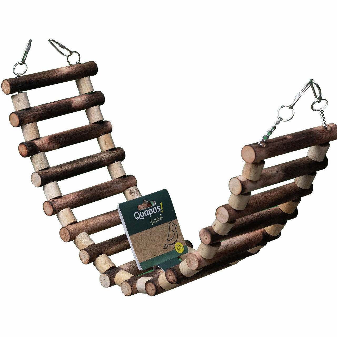 Das Bild zeigt eine hölzerne Vogelleiter der Marke Quapas! Natural, geeignet für Vögel als Spiel- und Kletterzubehör. Die Leiter besteht aus naturbelassenem Holz und ist mit zwei Metallhaken zur Befestigung ausgestattet. Sie bietet eine natürliche und sic