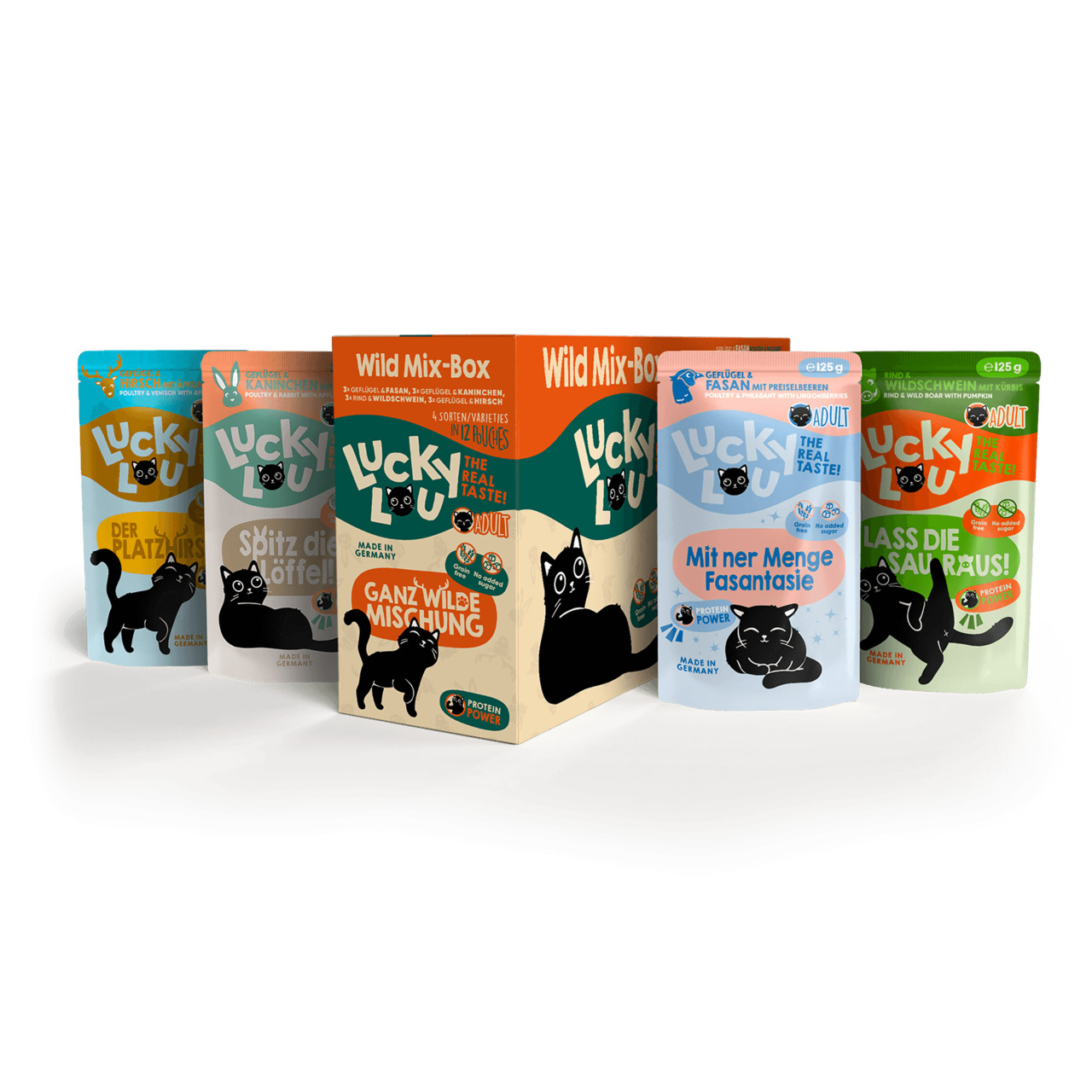 Lucky Lou Wild Mix-Box Katzenfutter, erwachsene Katzen, 5x125g, Fasan-Wildschwein-Ente, "Made in Germany", "Protein Power".