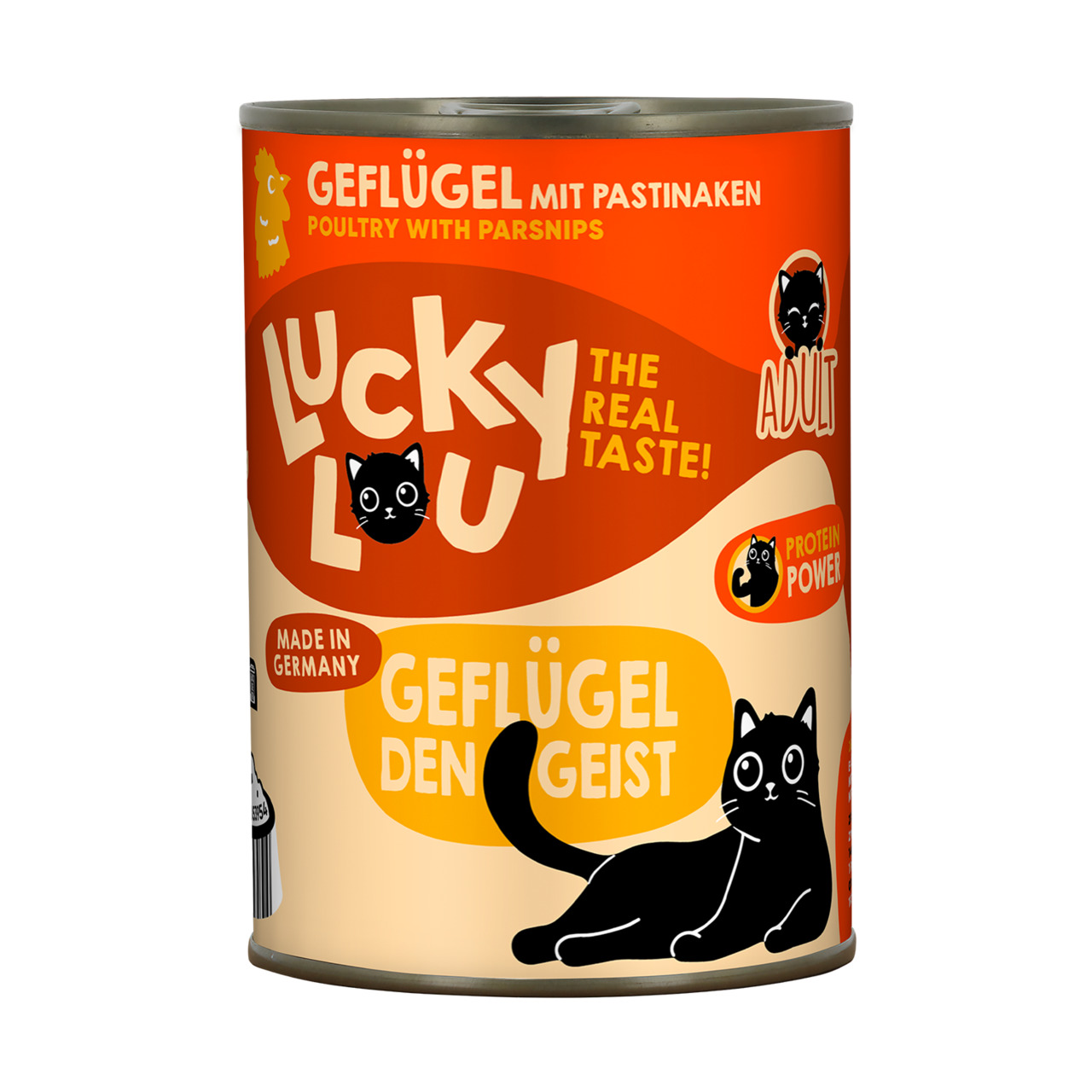 Lucky Lou Katzenfutter Adult, Geflügel & Pastinaken, „The Real Taste!“, „Protein Power“, hergestellt in Deutschland.