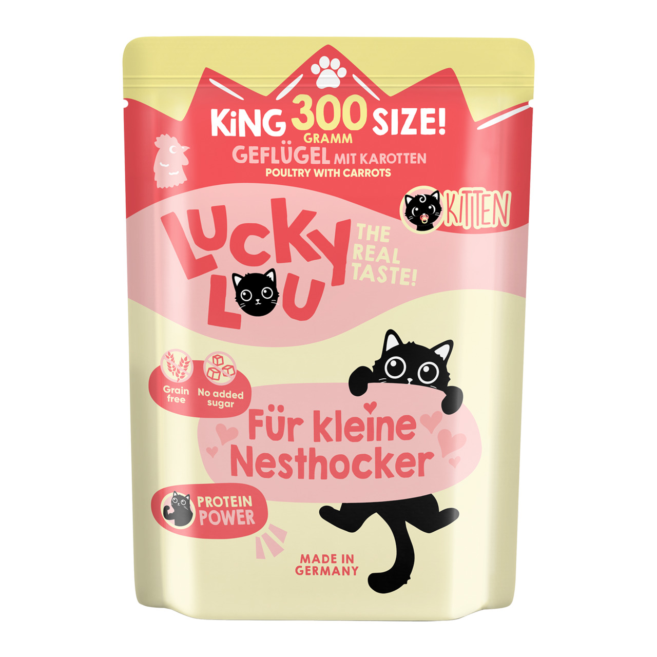 Das Bild zeigt eine Verpackung des Katzenfutters „Lucky Lou – Für kleine Nesthocker“ der Marke Lucky Lou. Es handelt sich um ein Produkt für Kätzchen (Kitten) mit der Geschmacksrichtung Geflügel mit Karotten. Die Verpackung enthält 300 Gramm, ist getreide