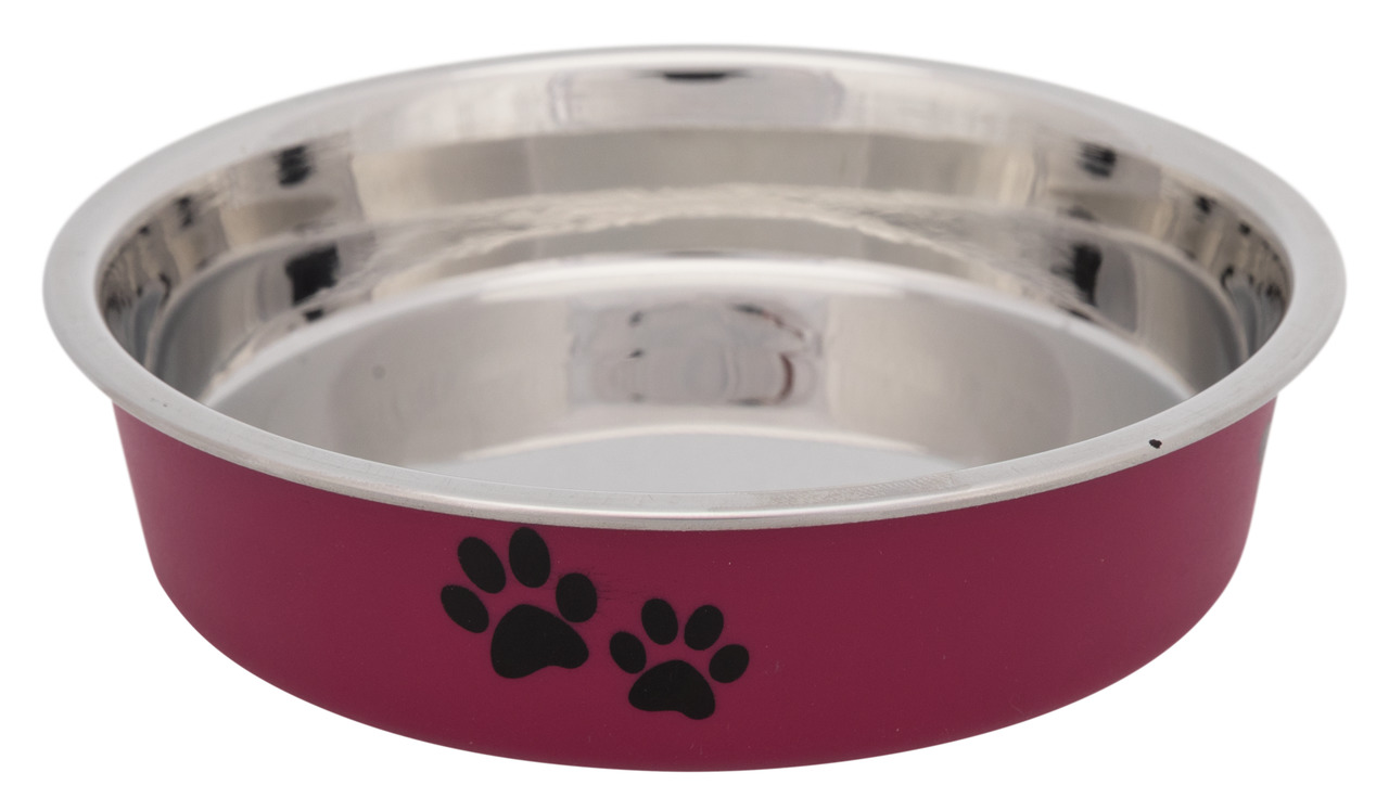 Roter Futternapf der Marke TRIXIE aus Edelstahl mit rutschfestem Boden, geeignet für Hunde und Katzen. Der Napf hat ein Fassungsvermögen von ca. 0,45 Litern und ist mit schwarzen Pfotenmotiven verziert. Ideal für Futter oder Wasser, leicht zu reinigen und