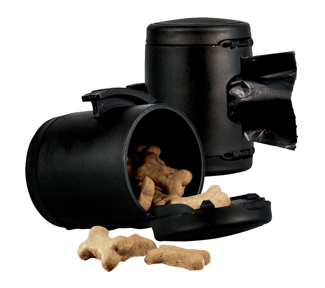 Flexi Multi-Box für Hundebesitzer, zylindrisch, 2 Fächer: Snacks (Knochenform) & Kotbeutel (schwarz).