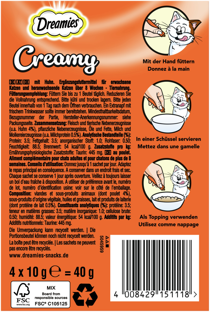Dreamies Creamy Huhn, Ergänzungsfutter f. Katzen & Kätzchen (ab 8 Wo.), 40 g (4x10 g), Fütterung aus Hand/Schüssel möglich.