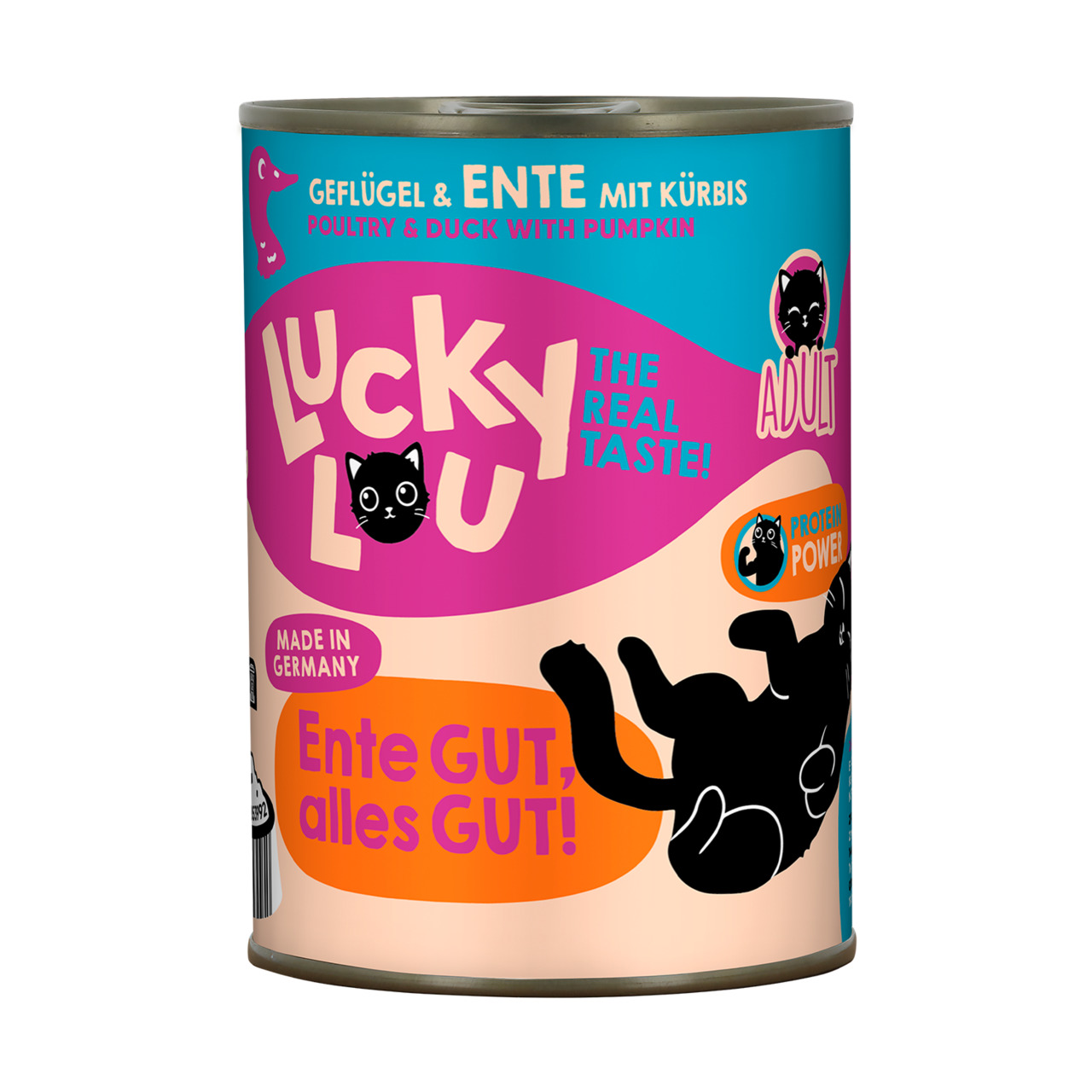 Das Bild zeigt eine Dose Katzenfutter der Marke Lucky Lou mit der Geschmacksrichtung Geflügel und Ente, verfeinert mit Kürbis. Das Produkt ist für erwachsene Katzen (Adult) geeignet und wird in Deutschland hergestellt. Auf der Verpackung steht der Slogan 