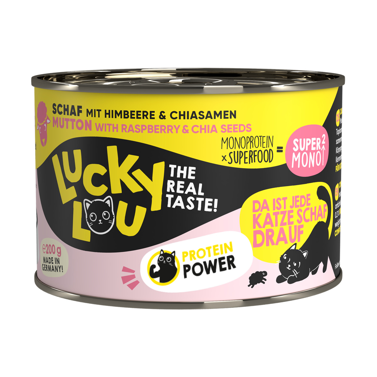 Lucky Lou Katzenfutter „Schaf mit Himbeere & Chiasamen“, Monoprotein-Superfood, 200 g, Made in Germany, Protein Power.