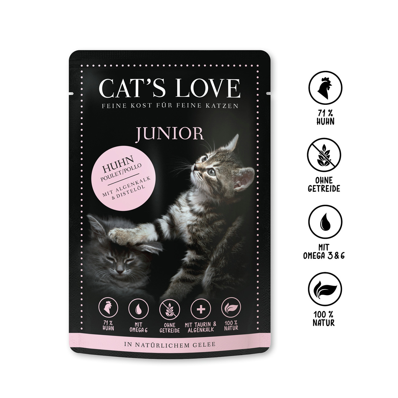 Sparpaket 12 x 85 g Cat's Love Junior Huhn pur mit Algenkalk & Distelöl Katzen Nassfutter