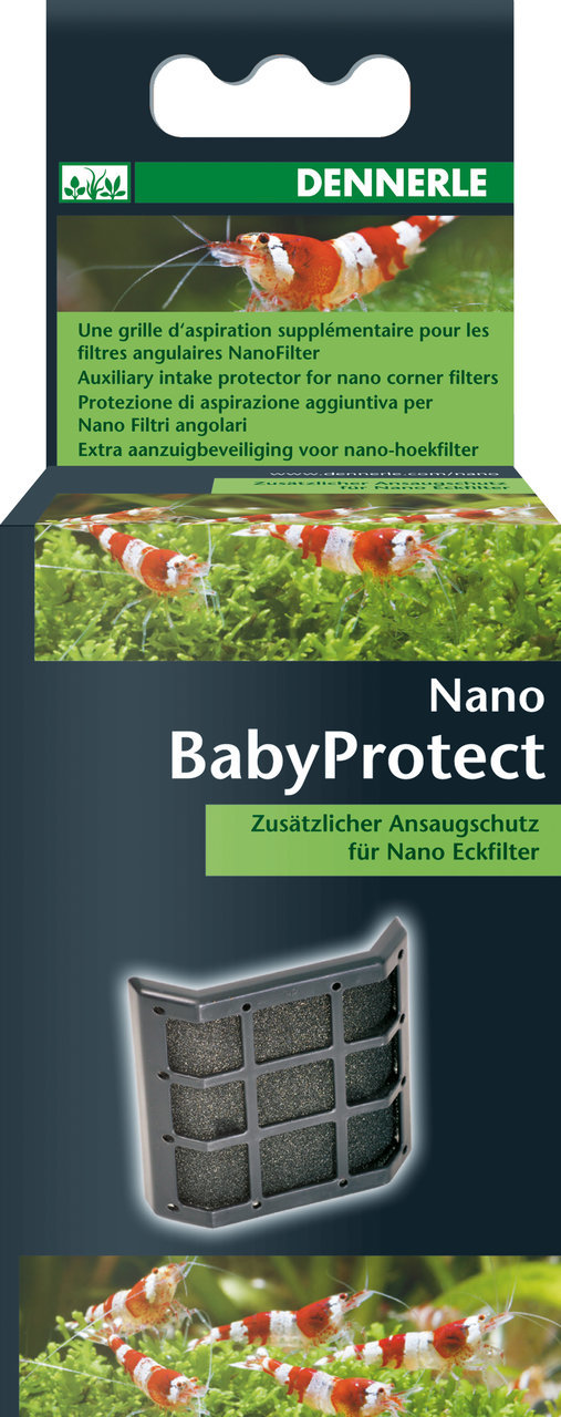 DENNERLE Nano BabyProtect, Ansaugschutz für Nano-Eckfilter, für Garnelen & Jungfische, rote Garnelen auf grünem Hintergrund.