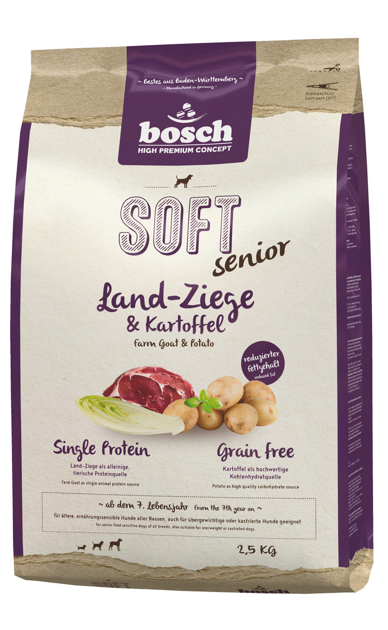Das Bild zeigt eine 2,5-kg-Packung Hundefutter der Marke bosch Tiernahrung, Produktname "Soft Senior Land-Ziege & Kartoffel". Zielgruppe sind ältere Hunde ab dem 7. Lebensjahr, auch für übergewichtige oder kastrierte Hunde geeignet. Geschmacksrichtung ist