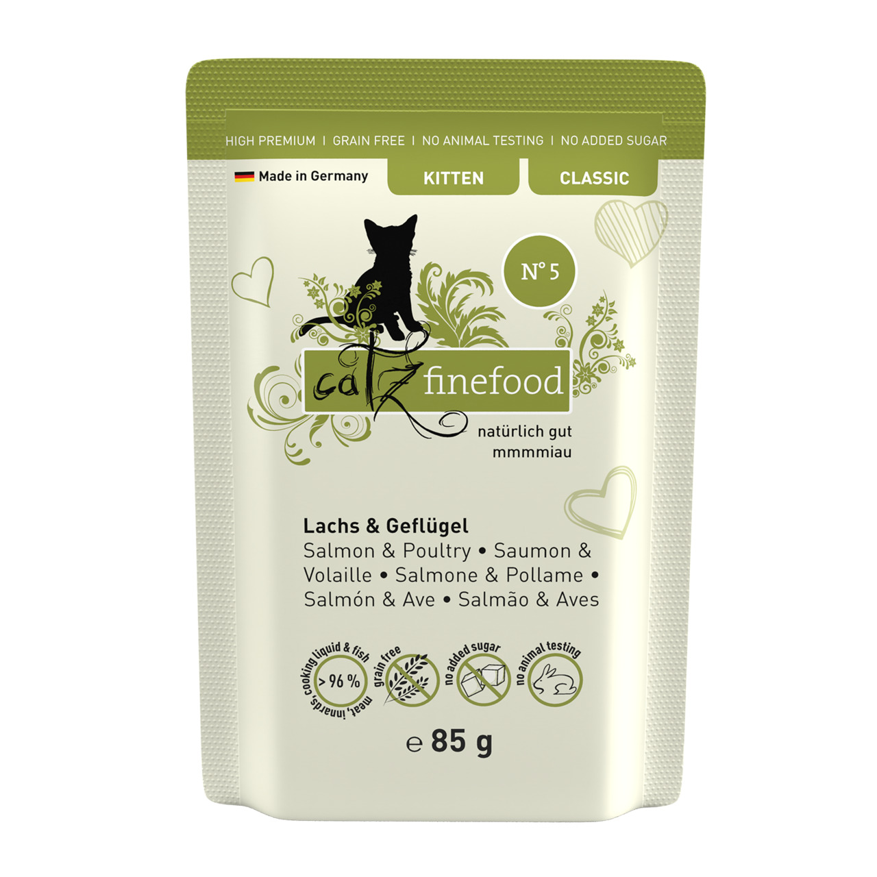 Catz finefood No. 5, Nassfutter für Kitten, Lachs & Geflügel, 85 g, getreidefrei, „natürlich gut“, „kein Zuckerzusatz“.