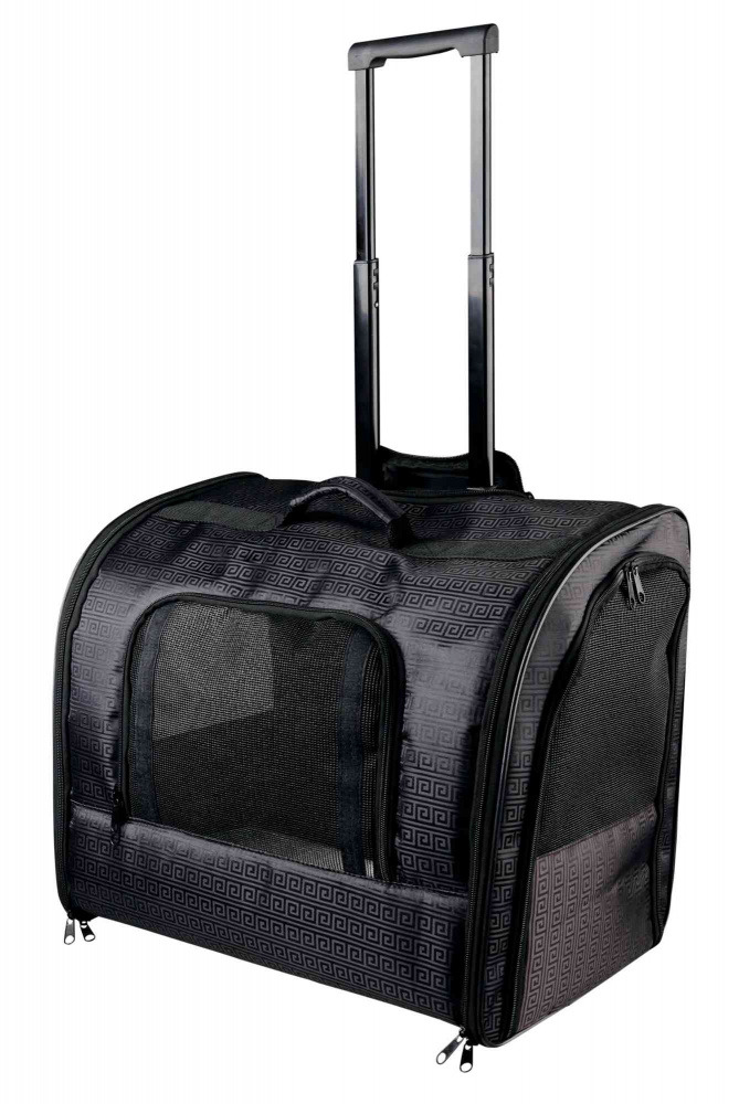 TRIXIE Trolley Transporttasche, für kl. Hunde-Katzen, schwarz mit griech. Muster, Netzfenster, ausziehb. Griff, ideal für Reisen.