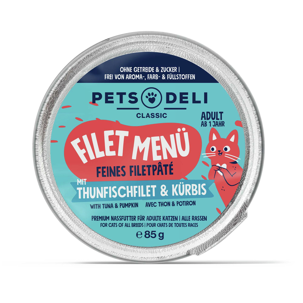 Pets Deli Classic Filet Menü, für Katzen ab 1 Jahr, Thunfisch & Kürbis, getreide- & zuckerfrei, 85 g, ohne Zusatzstoffe.
