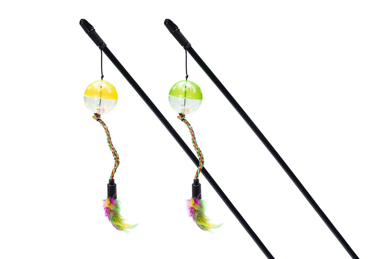 Karlie Katzenspielangeln, 2 Stk., mit Federn & Kugel (Gelb/Grün), für Katzen aller Altersgruppen, fördert Bewegung & Spieltrieb.