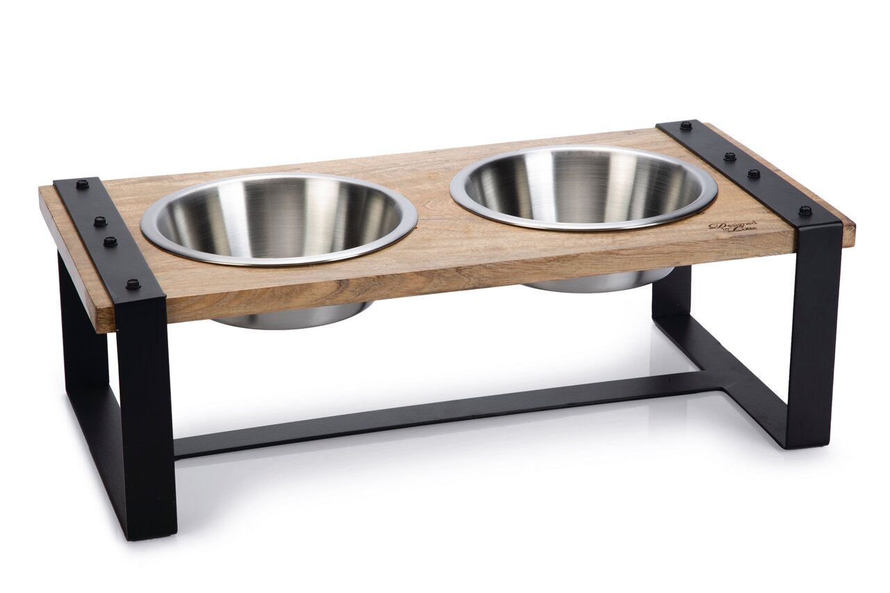 „Designed by Lotte“ Futterstation für Hunde & Katzen, Holzgestell, Metallrahmen, 2 Edelstahlnäpfe, stilvoll & praktisch.