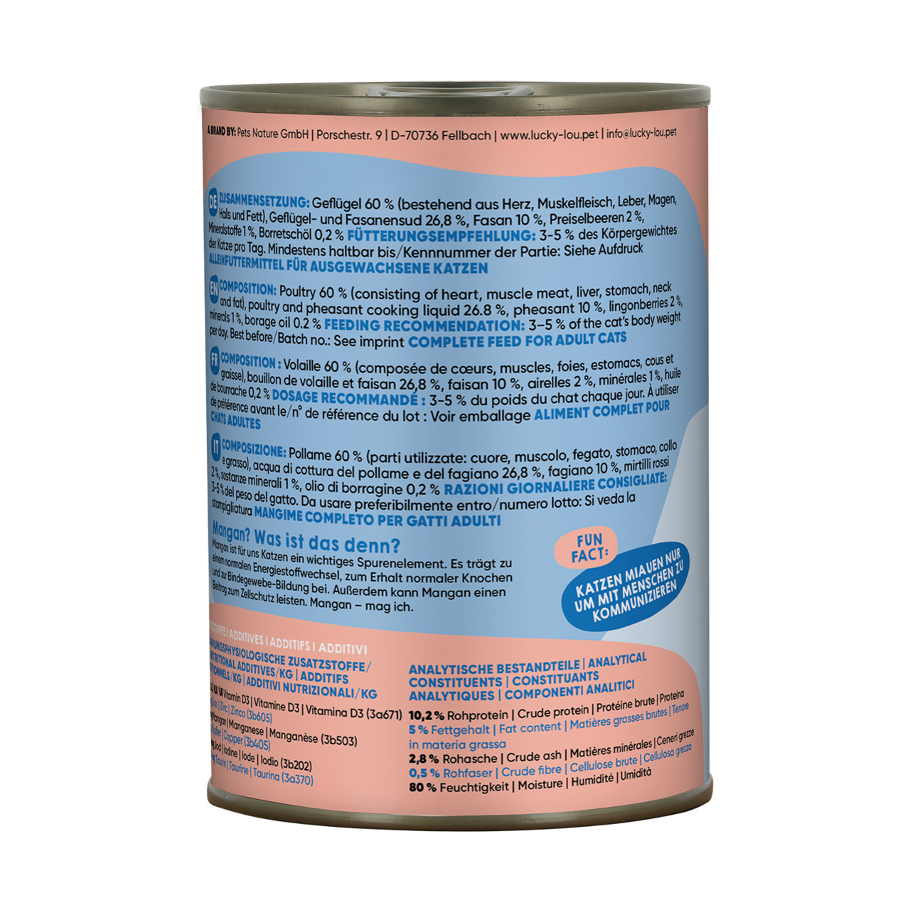 Lucky Lou Katzenfutter, Alleinfutter für ausgewachsene Katzen, Geflügel & Fasan, 200 g, 60 % Geflügel (Herz, Muskelfleisch, Leber).