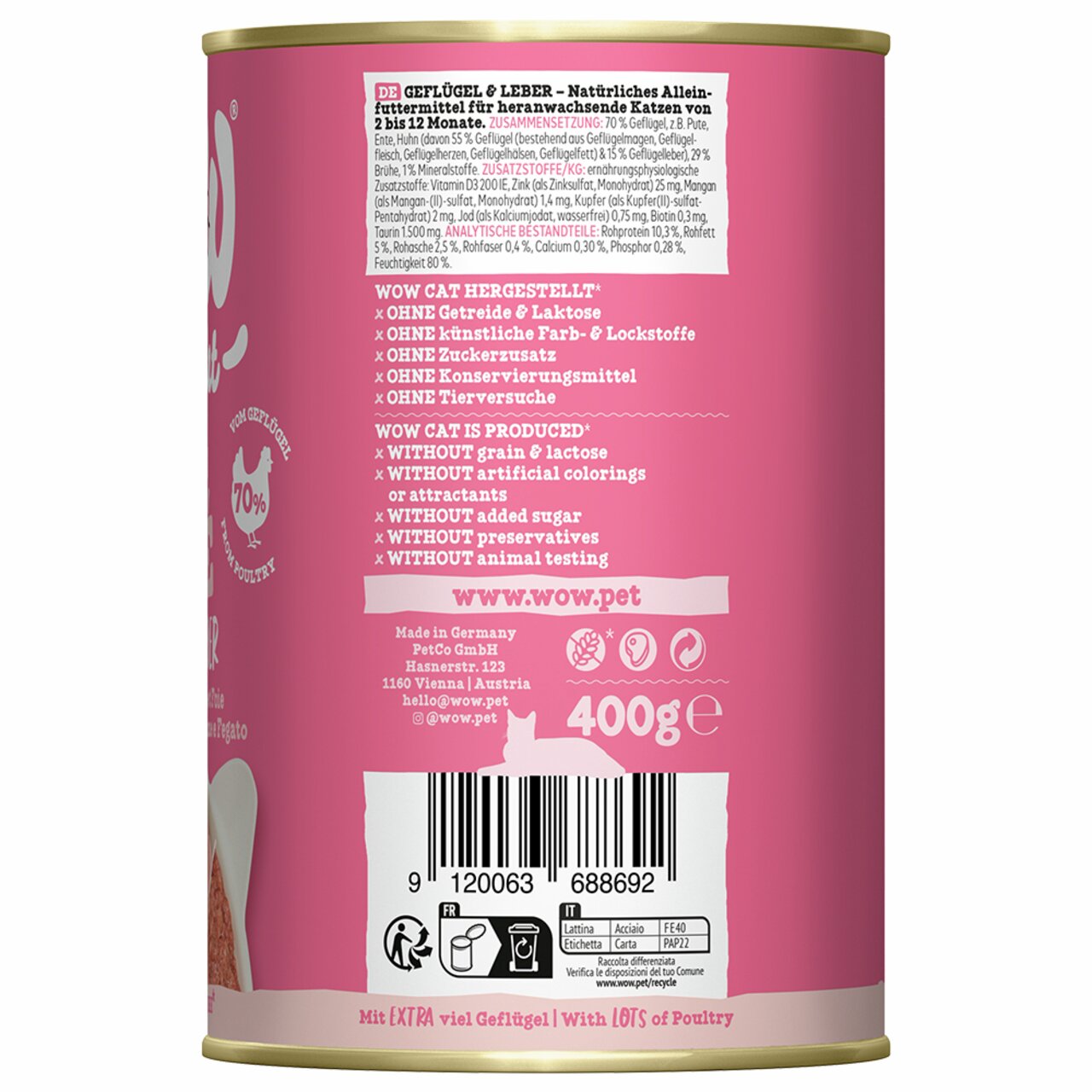 WOW CAT Geflügel & Leber Nassfutter, für heranwachsende Katzen, 400 g, ohne Getreide, künstliche Zusätze und Tierversuche.