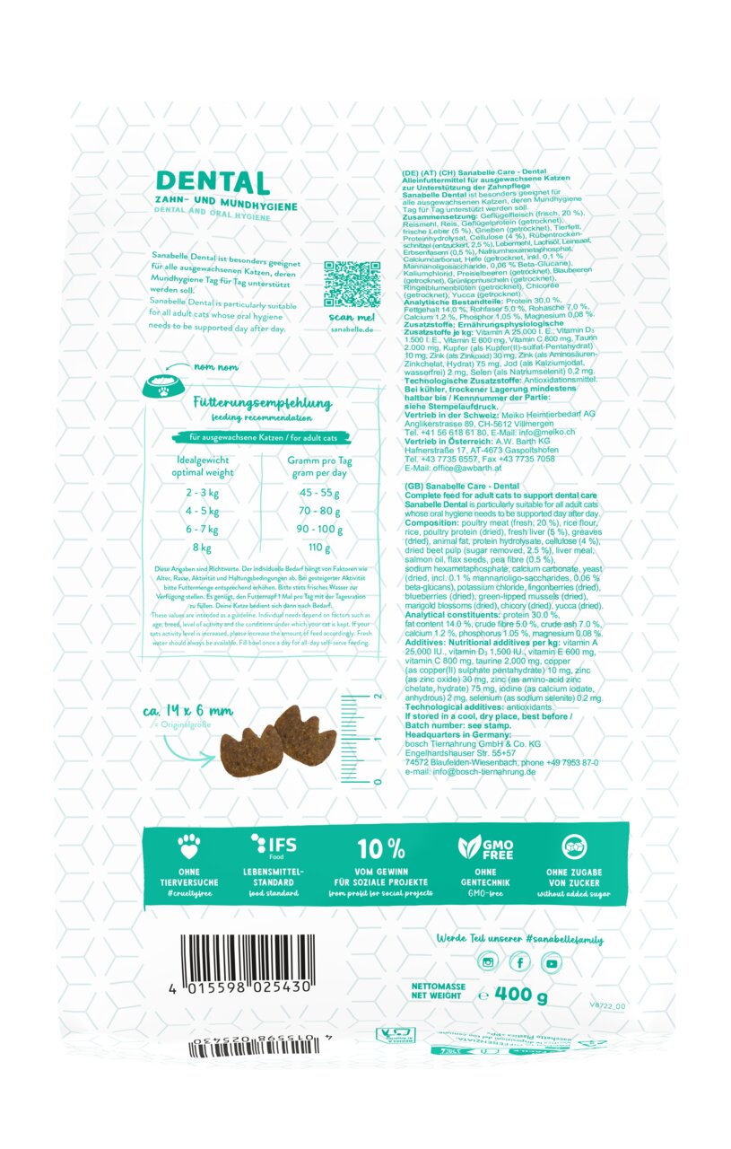 Sanabelle Dental, Trockenfutter f. ausgew. Katzen, 400 g, z. Zahn--Mundhygiene, ohne Tierversuche, Gentechnik, Zucker, +10 % Spende.