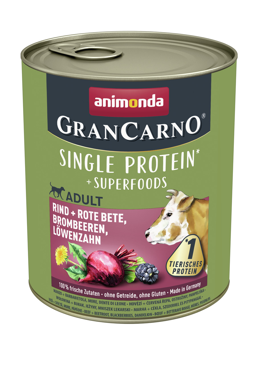 Das Bild zeigt eine grüne Dose des Hundefutters „GranCarno Single Protein + Superfoods“ von der Marke Animonda. Es ist für ausgewachsene Hunde (Adult) geeignet und enthält die Geschmacksrichtung Rind mit Roter Bete, Brombeeren und Löwenzahn. Die Dose hebt