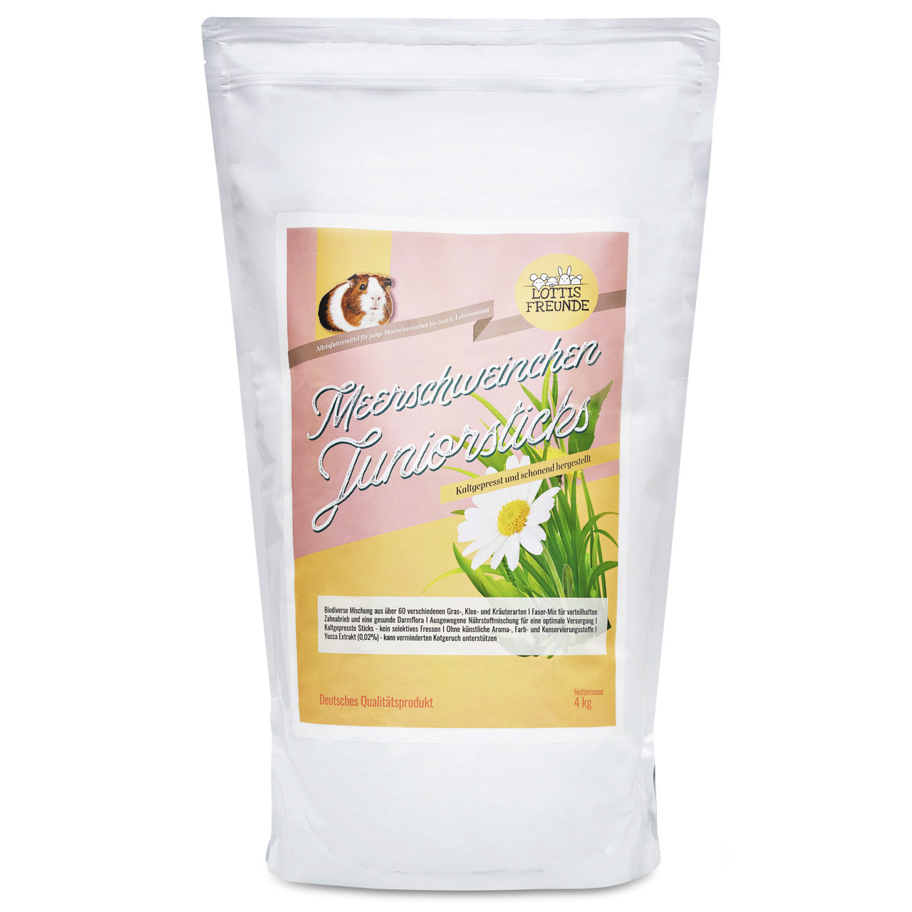 Lottis Freunde Meerschweinchen Juniorsticks, kaltgepresst, für junge Meerschweinchen (bis 6 Mon.), 4 kg, mit Kamille & Gräsern.