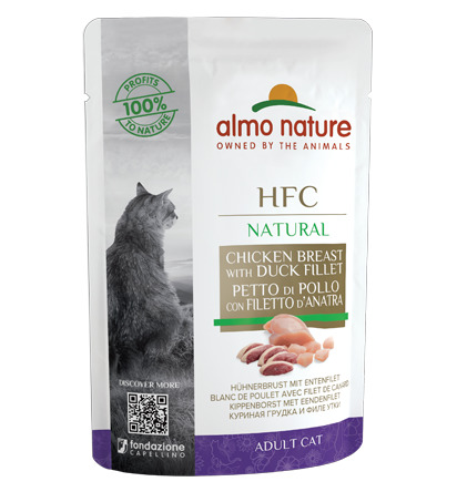 Almo Nature HFC Natural Katzenfutter, Hühnerbrust & Entenfilet, 55 g, für ausgewachsene Katzen, 100 % natürliche Zutaten.