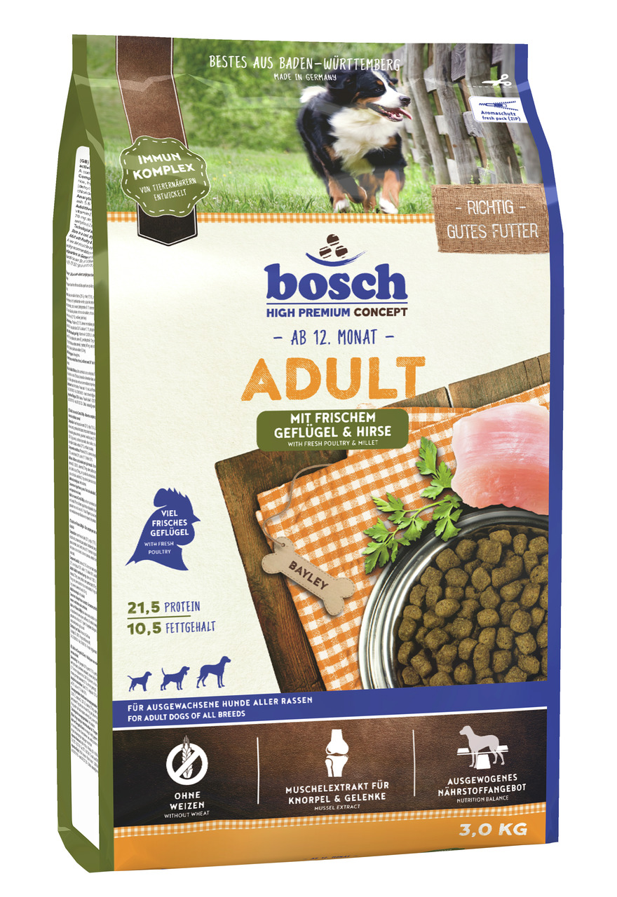 Bosch High Premium Concept Hundefutter, 3 kg, frisches Geflügel & Hirse, für Hunde ab 12 Mon., weizenfrei, mit Muschelextrakt, 21,5 % Protein.
