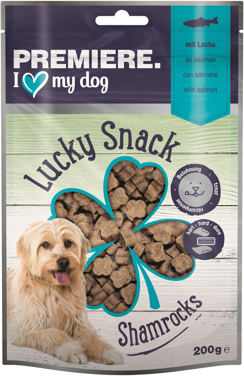 PREMIERE Lucky Snack Shamrocks, für Hunde, Lachs, harte Konsistenz, 200 g – Belohnung für Hundehalter.