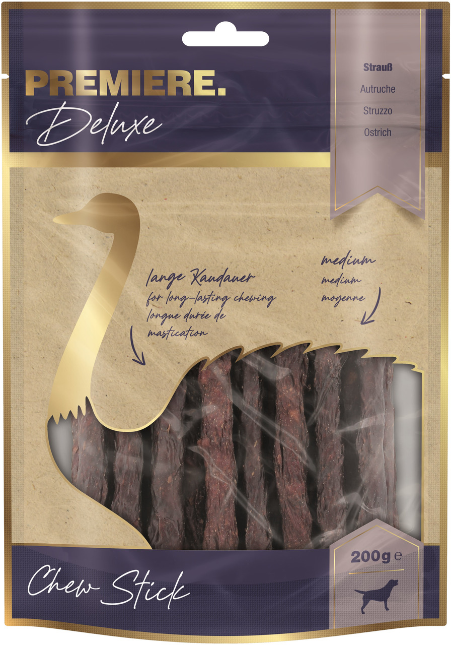 PREMIERE Deluxe Chew Stick für mittelgr. Hunde, Strauß, lange Kaudauer, 200 g.