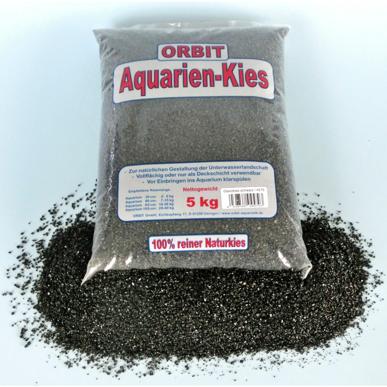 ORBIT Aquarien-Kies, Glanzkies schwarz, 5 kg, 100 % Naturkies, ideal für natürliche Unterwasserlandschaften.