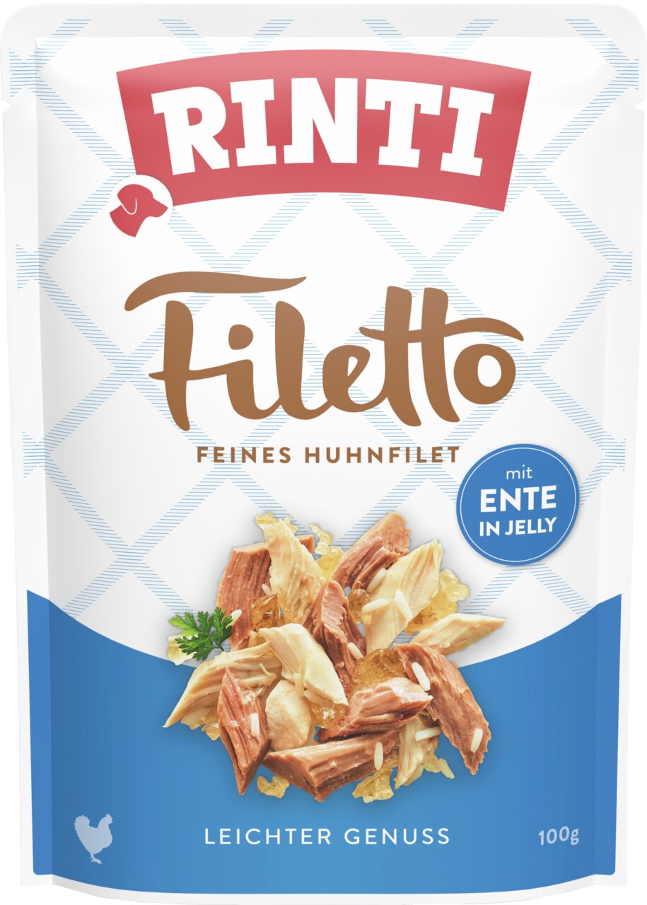 RINTI Filetto, Feines Huhnfilet mit Ente in Jelly, Hundefutter, leichte Rezeptur, 100g Packung. Ideal für erwachsene Hunde.