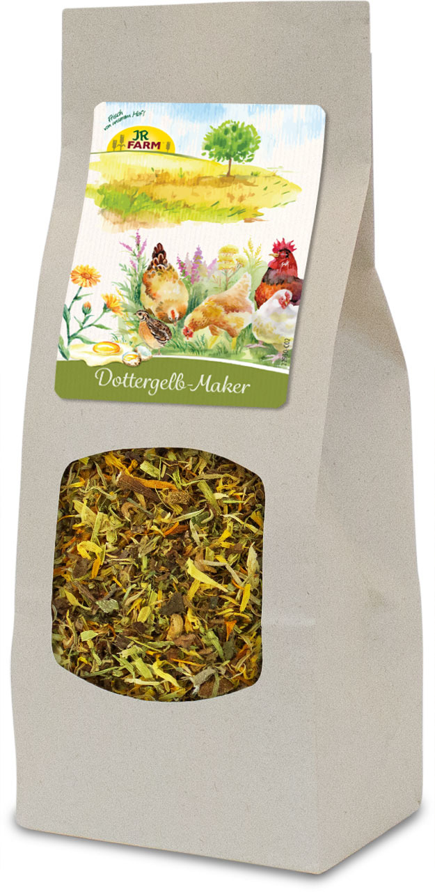 JR FARM Dottergelb-Maker, Ergänzungsfutter für Hühner, natürliche Zutaten, fördert das Eigelb, 250 g-Packung.