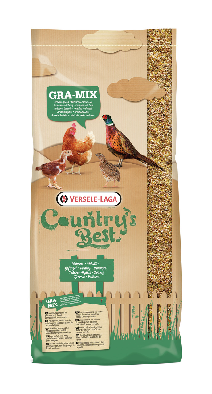 Das Bild zeigt eine Verpackung des Produkts „Versele-Laga Country's Best Gra-Mix“, ein hochwertiges Futter für Geflügel wie Hühner, Wachteln und Fasane. Die Verpackung enthält 20 kg Körnermischung, die speziell für die Bedürfnisse von Geflügel entwickelt 