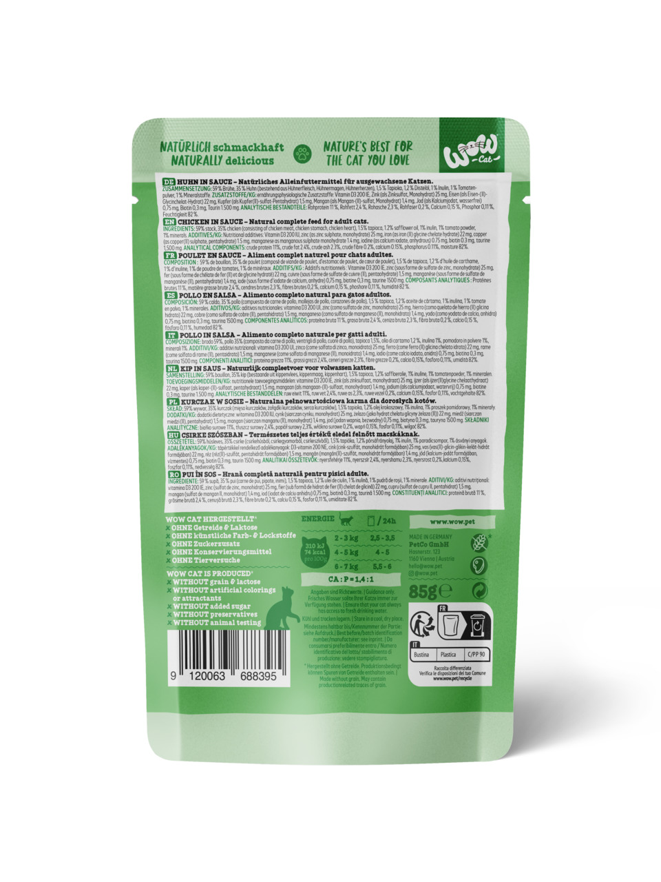 WOW CAT – Huhn in Sauce, Alleinfuttermittel f. erw. Katzen, 85 g, getreidefrei, ohne Zuckerzusatz, Konservierungsstoffe & Tierversuche.