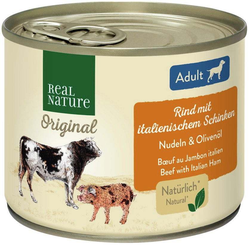Das Bild zeigt eine Dose des Hundefutters „REAL NATURE Original“ für ausgewachsene Hunde (Adult) mit der Geschmacksrichtung Rind mit italienischem Schinken, Nudeln und Olivenöl. Die Verpackung betont natürliche Inhaltsstoffe mit dem Hinweis „Natürlich“. D