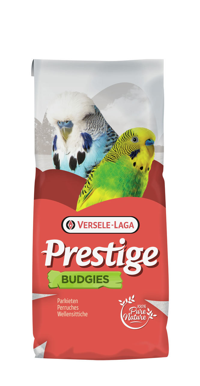 Versele-Laga Prestige Budgies, Vogelfutter für Wellensittiche, 100% Pure Nature, rote Verpackung, 2 Wellensittiche (blau & gelb-grün).