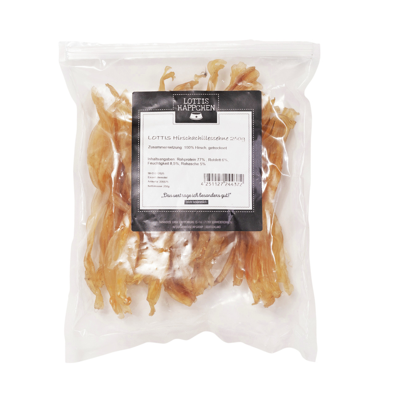 LOTTIS HÄPPCHEN Hirschachillessehne, 250 g, für Hunde, Geschmacksrichtung Hirsch, 100 % getrocknet, natürl. Kausnack, gut verträglich.