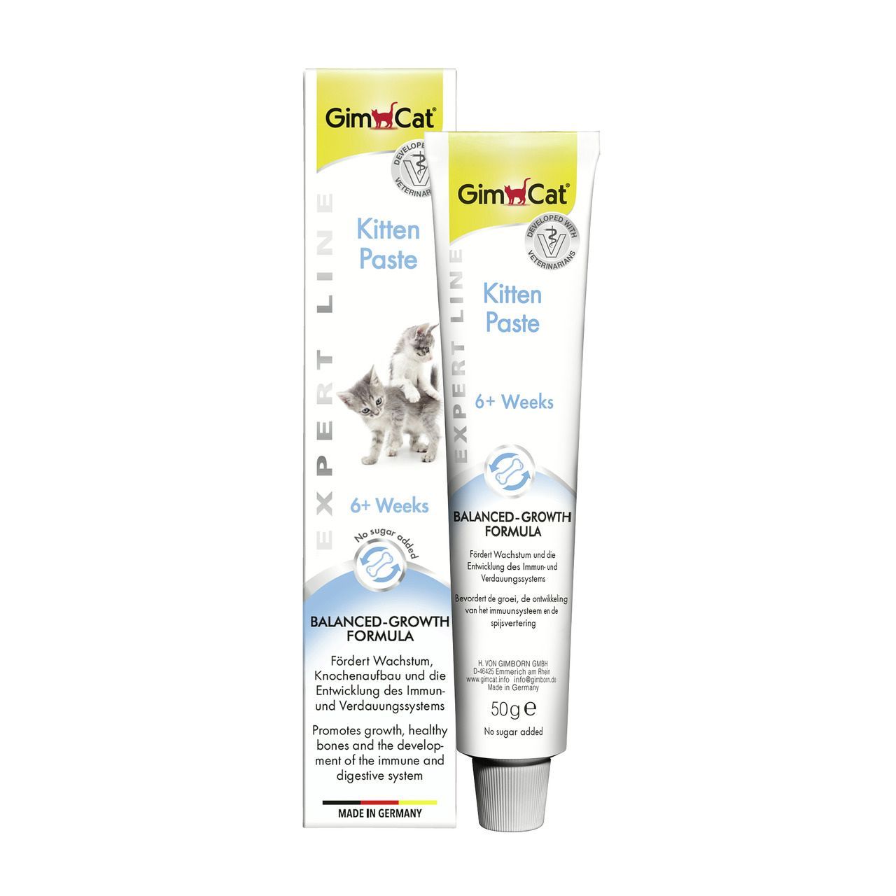 Das Bild zeigt die GimCat Kitten Paste aus der Expert Line in einer 50g-Tube sowie deren Verpackung. Die Paste ist speziell für Kätzchen ab 6 Wochen geeignet und enthält eine Balanced-Growth-Formula, die das Wachstum, den Knochenaufbau sowie die Entwicklu