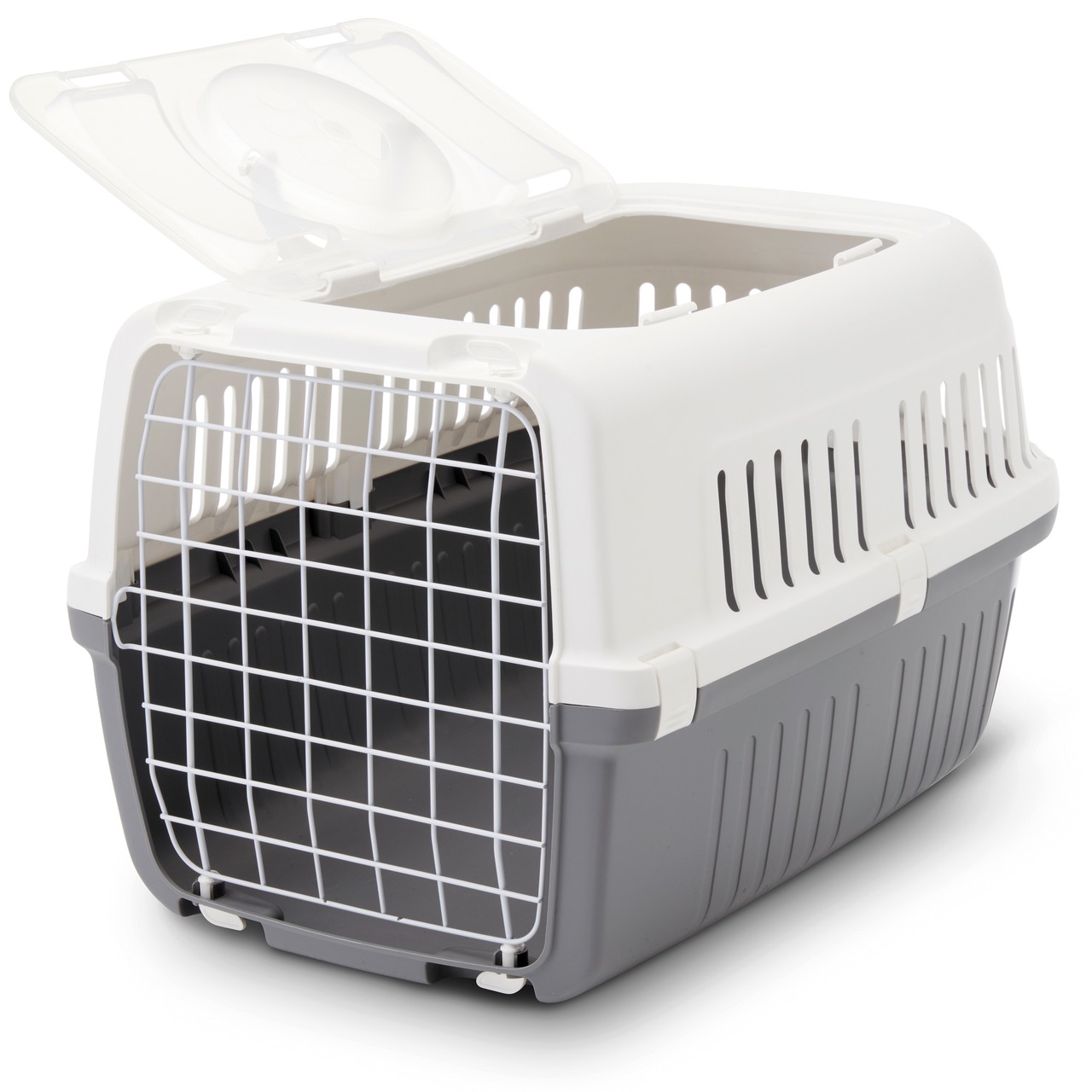 Transportbox für Haustiere der Marke SAVIC, Modell "Trotter 1", geeignet für Katzen und kleine Hunde. Die Box ist in Weiß und Grau gehalten, mit einem stabilen Metallgitter an der Vorderseite und einem transparenten Deckel oben. Sie bietet optimale Belüft