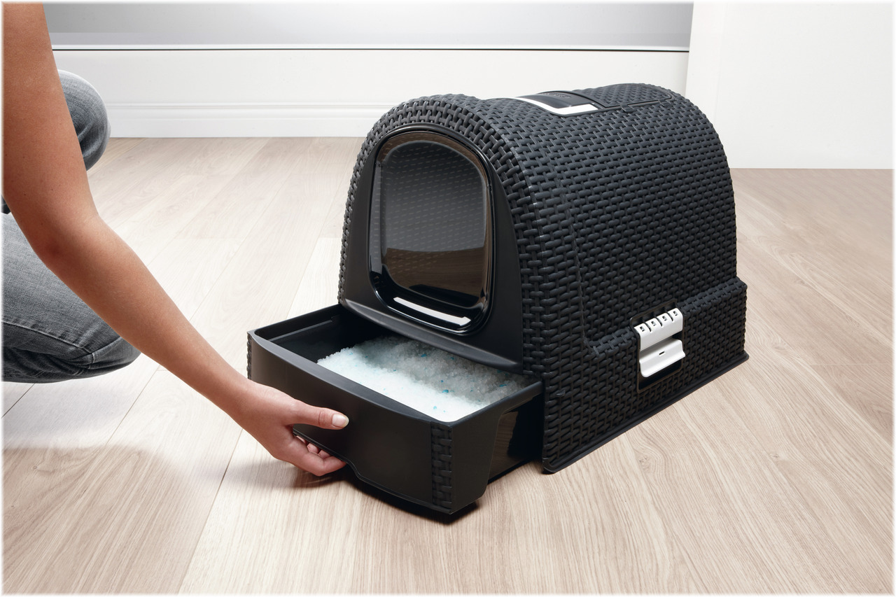 Curver Katzentoilette Schwarz, Rattan-Design, für Katzen, mit Schublade für leichte Reinigung, stilvoll,  passend für moderne Wohnräume.