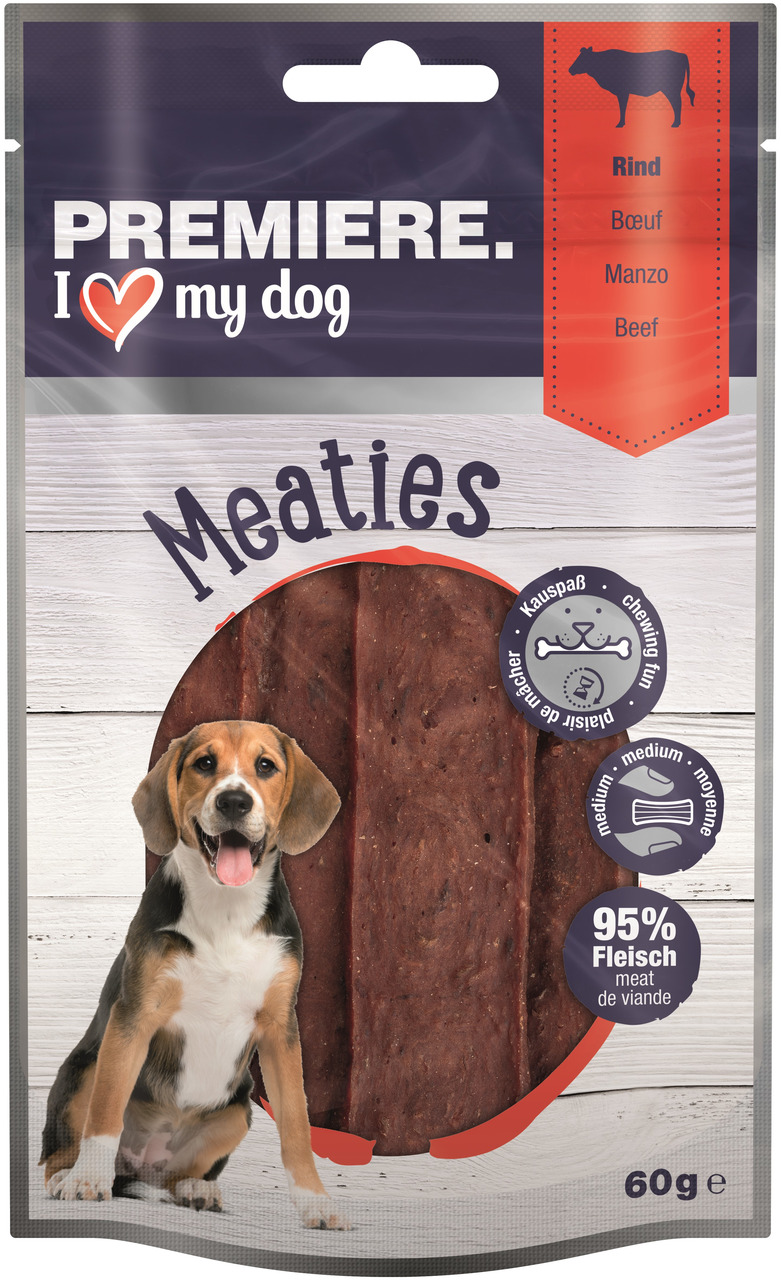 PREMIERE Meaties, Hundesnack, Rind, 95 % Fleisch, mittlere Größe, 60 g, Kauspaß, für Hundebesitzer, die hochwertige Snacks suchen.