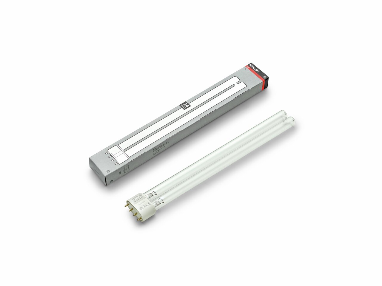 Philips PL-L 24W/840/4P Kompaktleuchtstofflampe, 4-polig, 24W, energieeffizient, länglich, weiß, Verpackung grau mit roten/schwarzen Akzenten.
