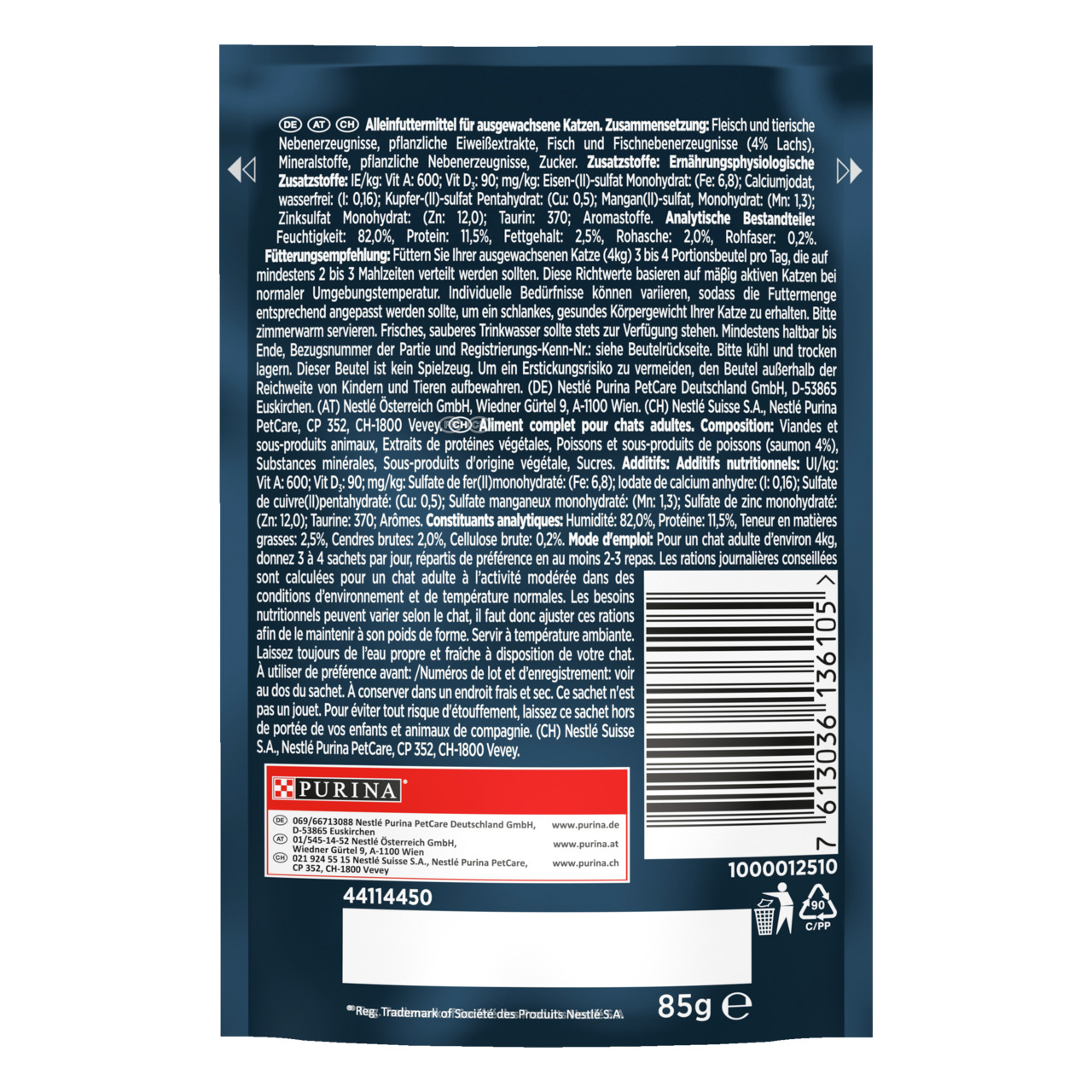 GOURMET Perle von Purina, Katzenfutter für ausgewachsene Katzen, Lachs, 85 g, Alleinfutter mit hochwertigen Zutaten.